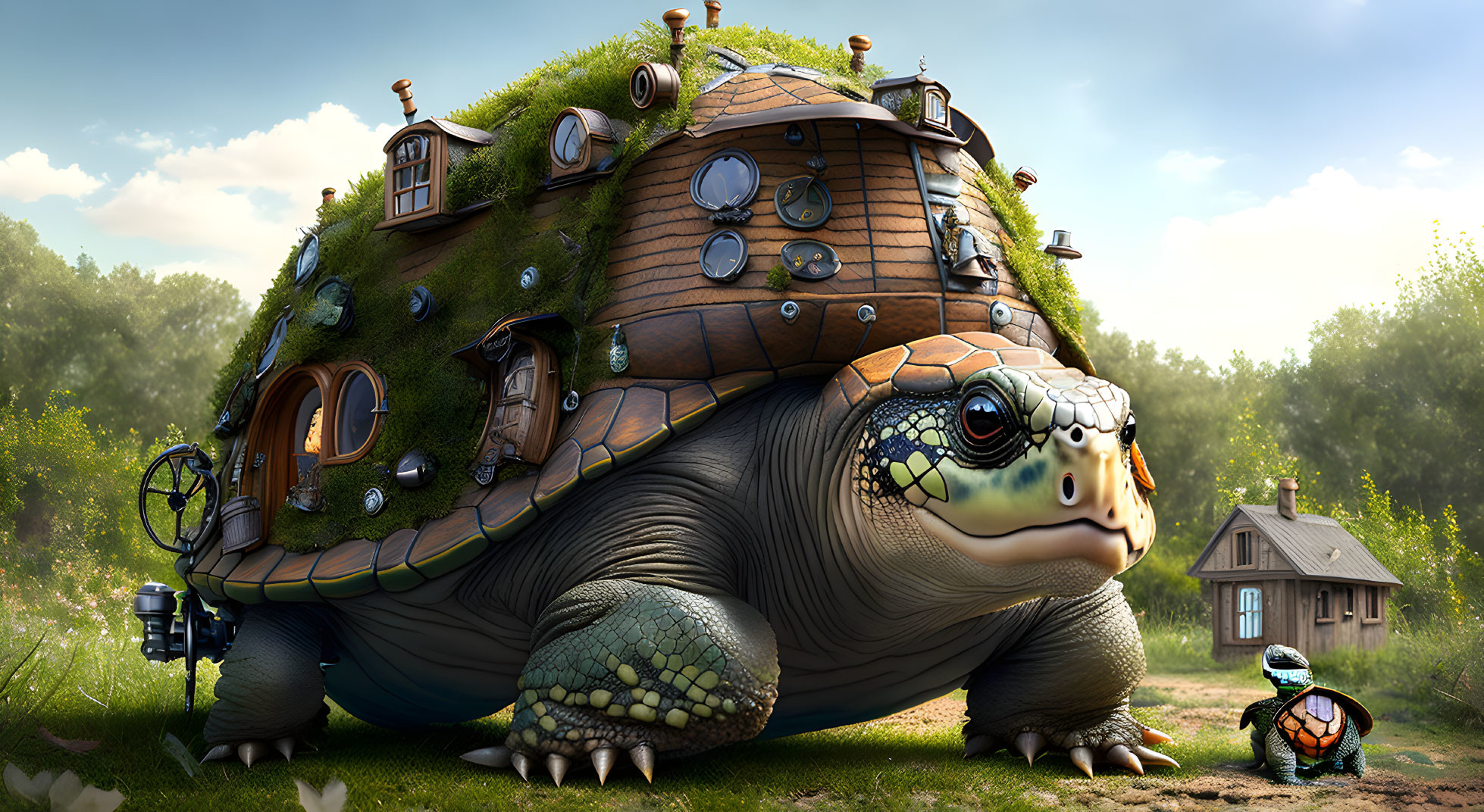 Giant turtle with house on shell in sunlit forest