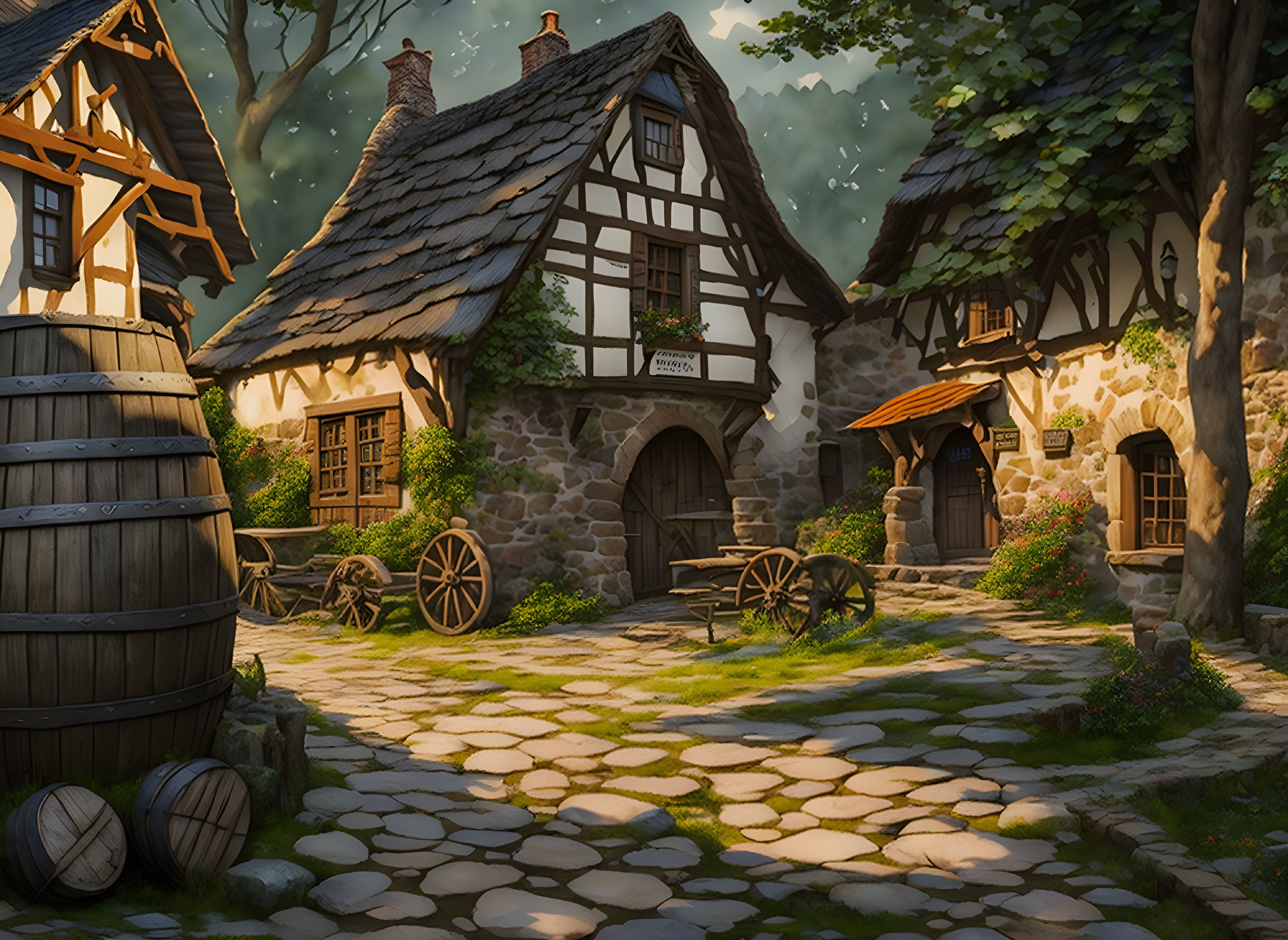 Traditional half-timbered village scene at sunset