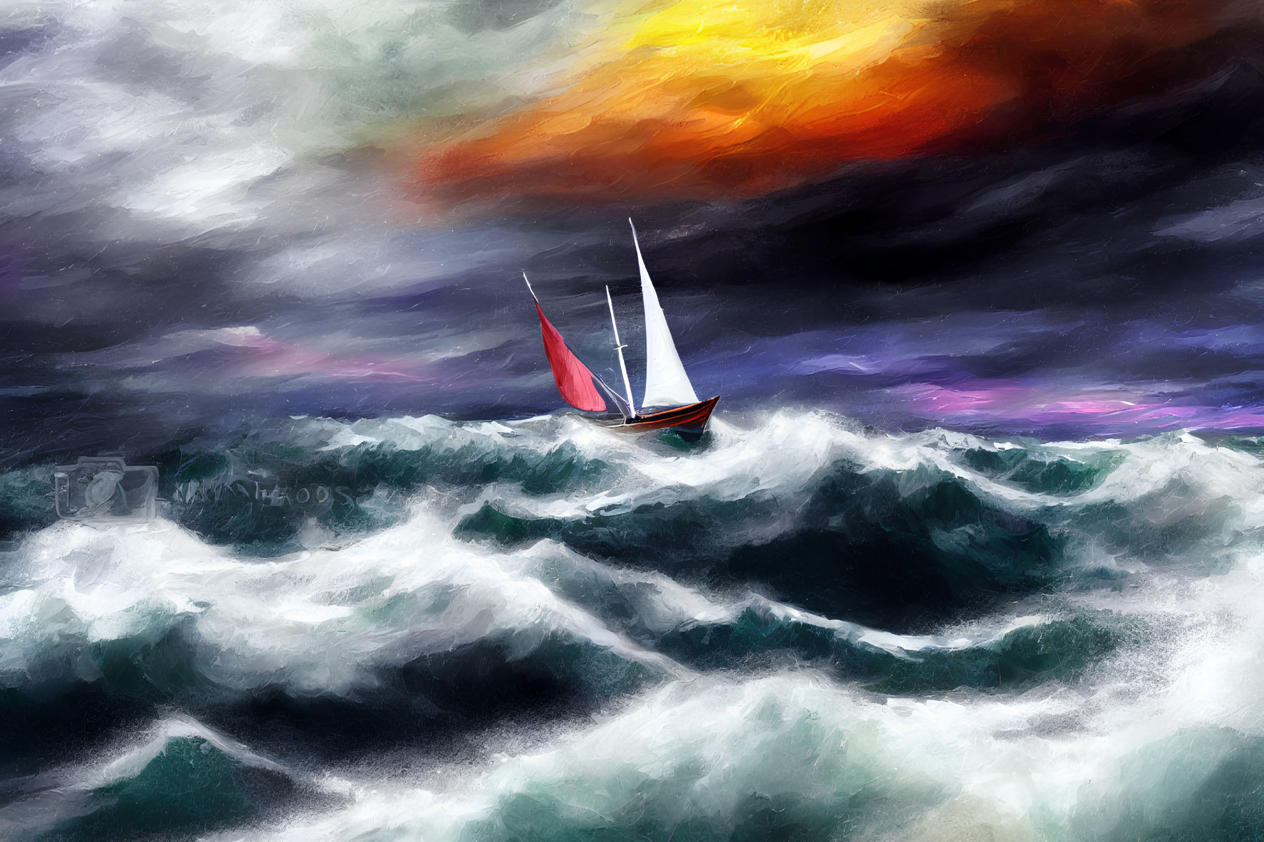 Colorful sailboat painting in stormy sea under dramatic sky