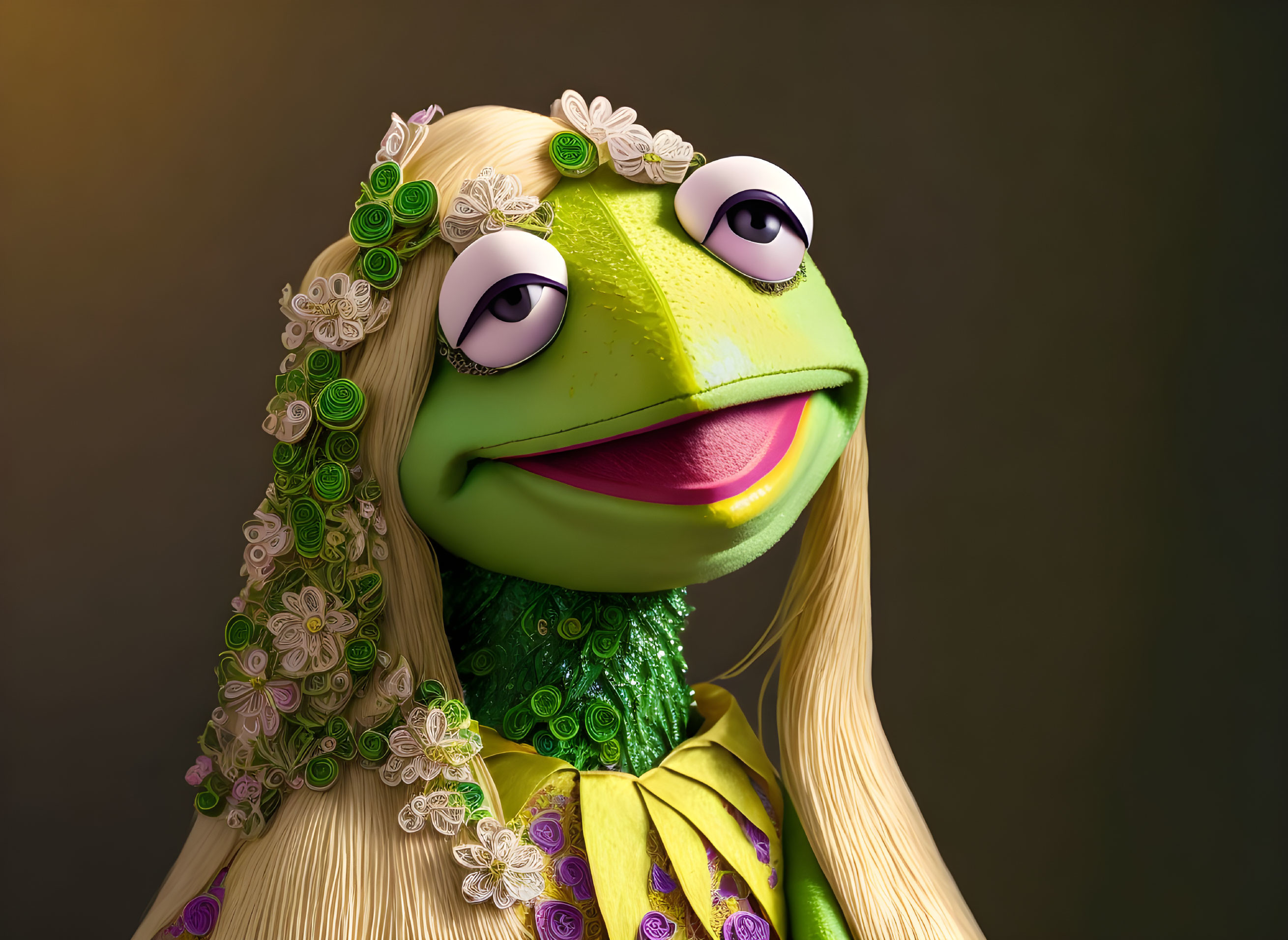 Whimsical frog puppet character with blonde hair and floral decorations on green dress.