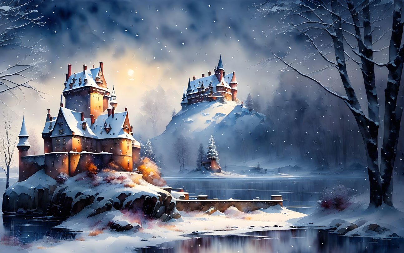 Snow-covered castles in serene winter landscape at twilight