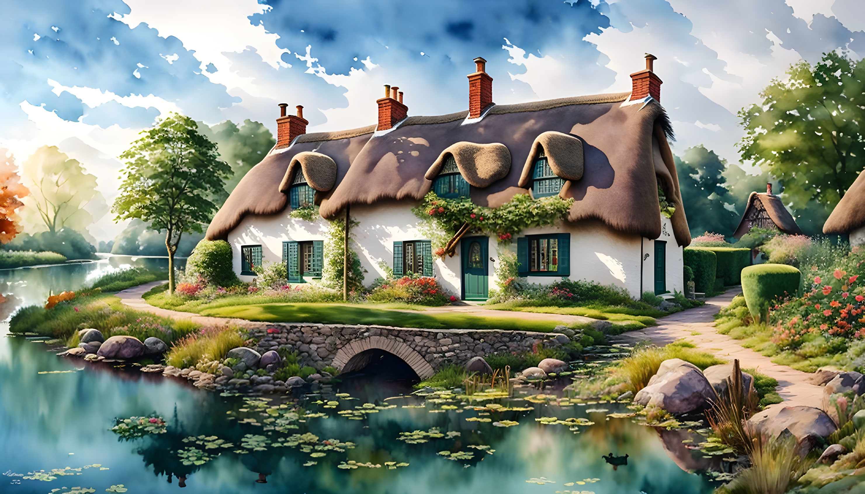 Quaint Thatched-Roof Cottage by Pond with Stone Bridge