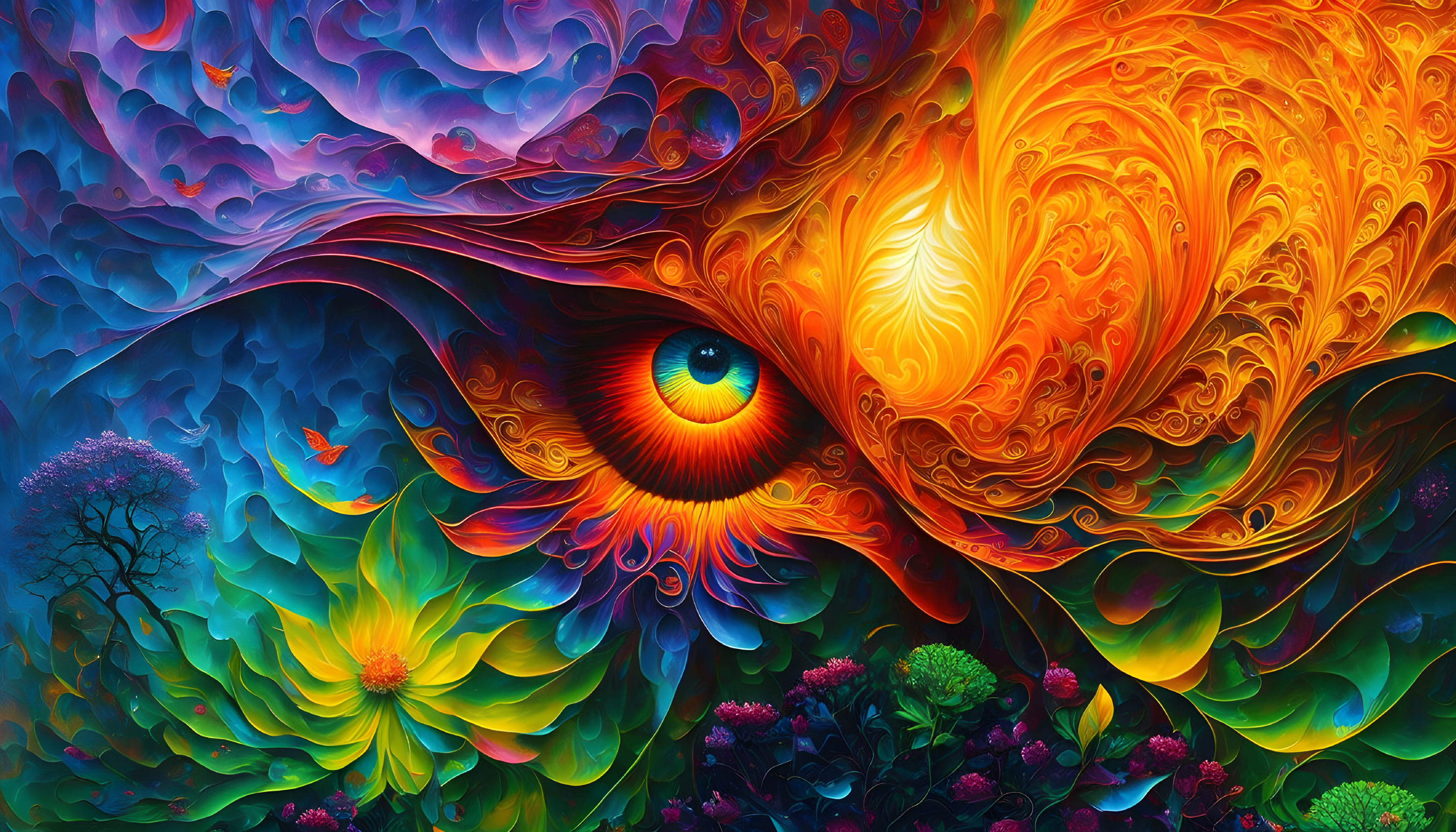 Colorful surreal landscape with eye, swirling patterns, fiery motifs, florals, and peacock feather