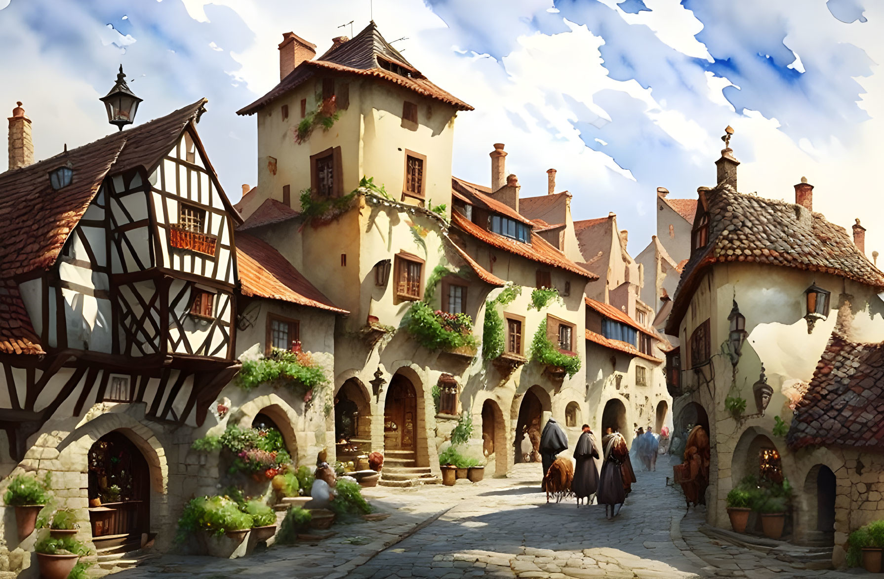 Medieval village illustration with half-timbered buildings