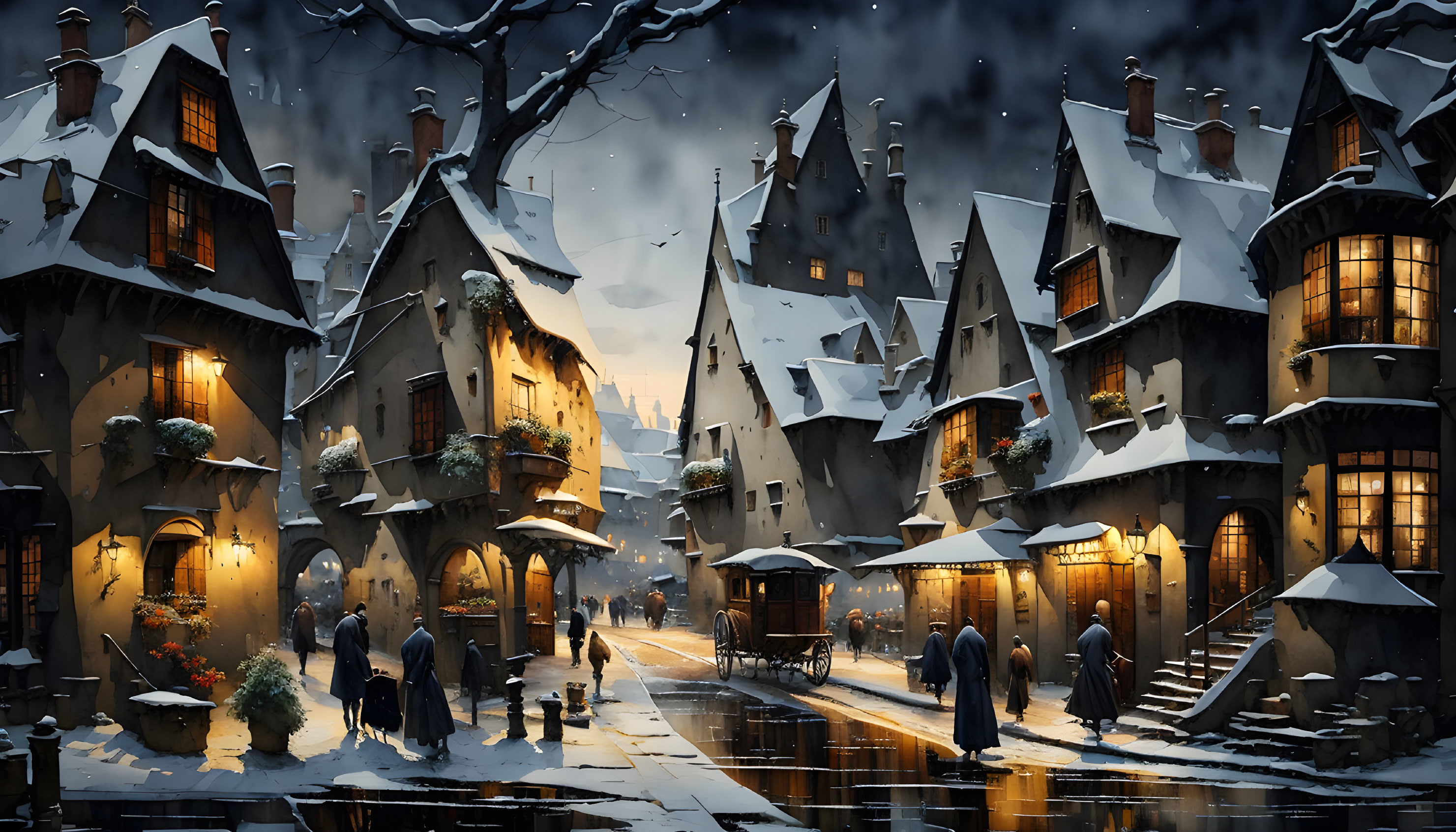 Snowy Evening in Quaint Village with Cozy Homes and Horse-Drawn Carriage