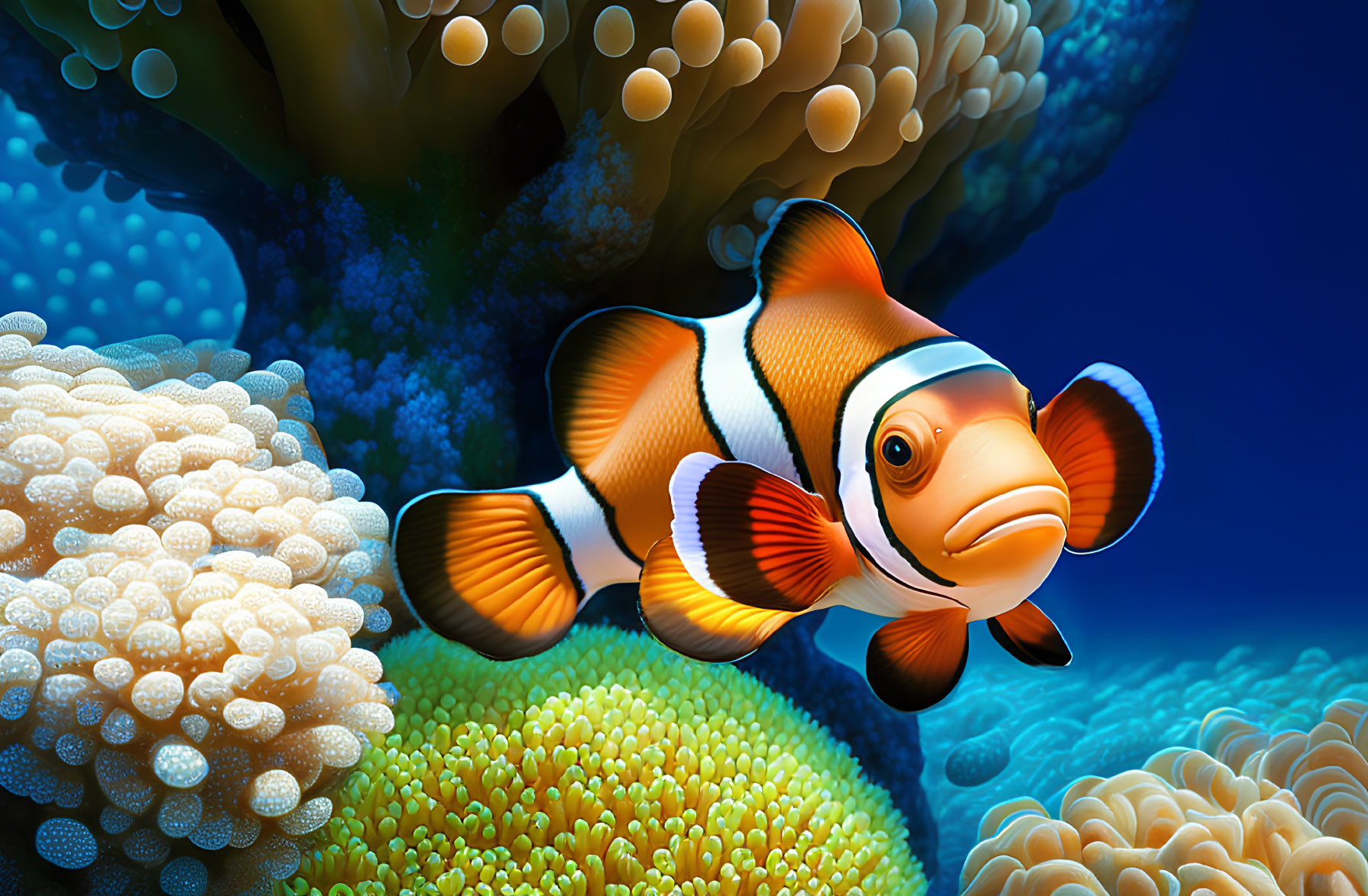 Colorful Clownfish Swimming in Coral Reef with Clear Blue Underwater Background