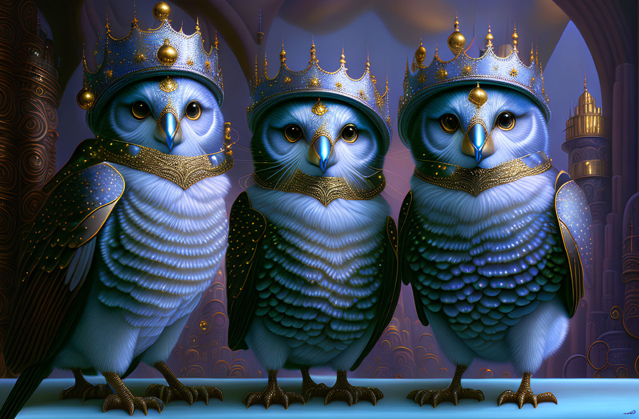 Three regal owls with golden crowns and ornate necklaces in front of a fantasy castle