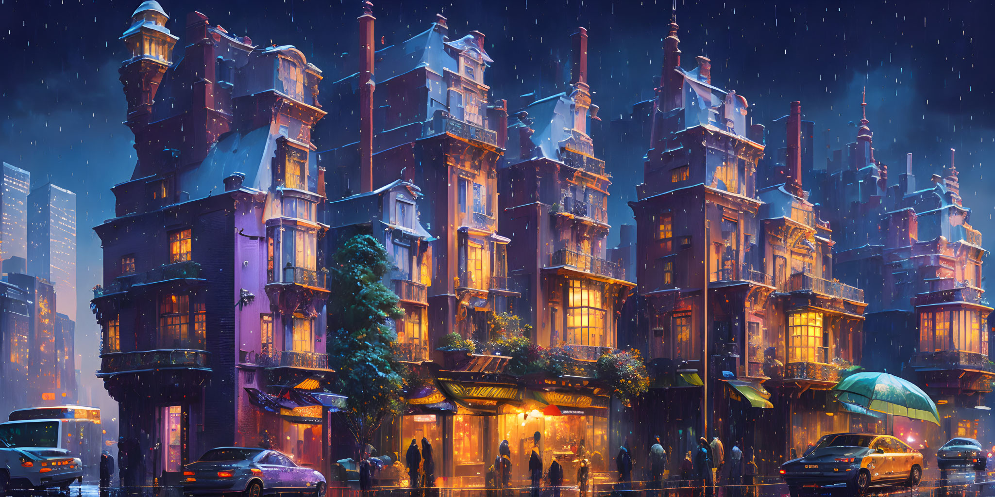 Victorian-style buildings at night in the rain with warm lights and people seeking shelter.