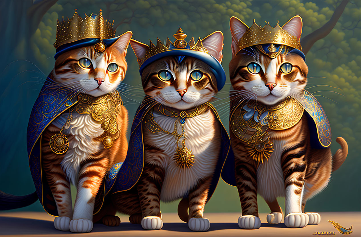 Regal cats with golden crowns and blue cloaks in forest setting