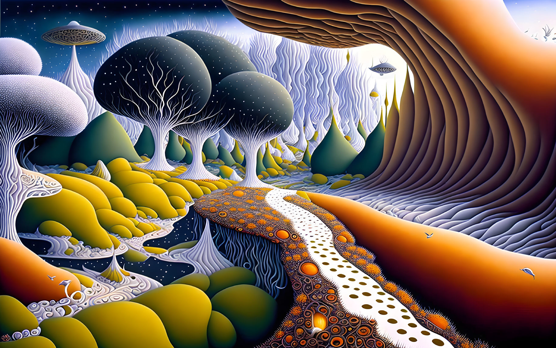 Surreal landscape with mushroom trees, orange path, UFOs