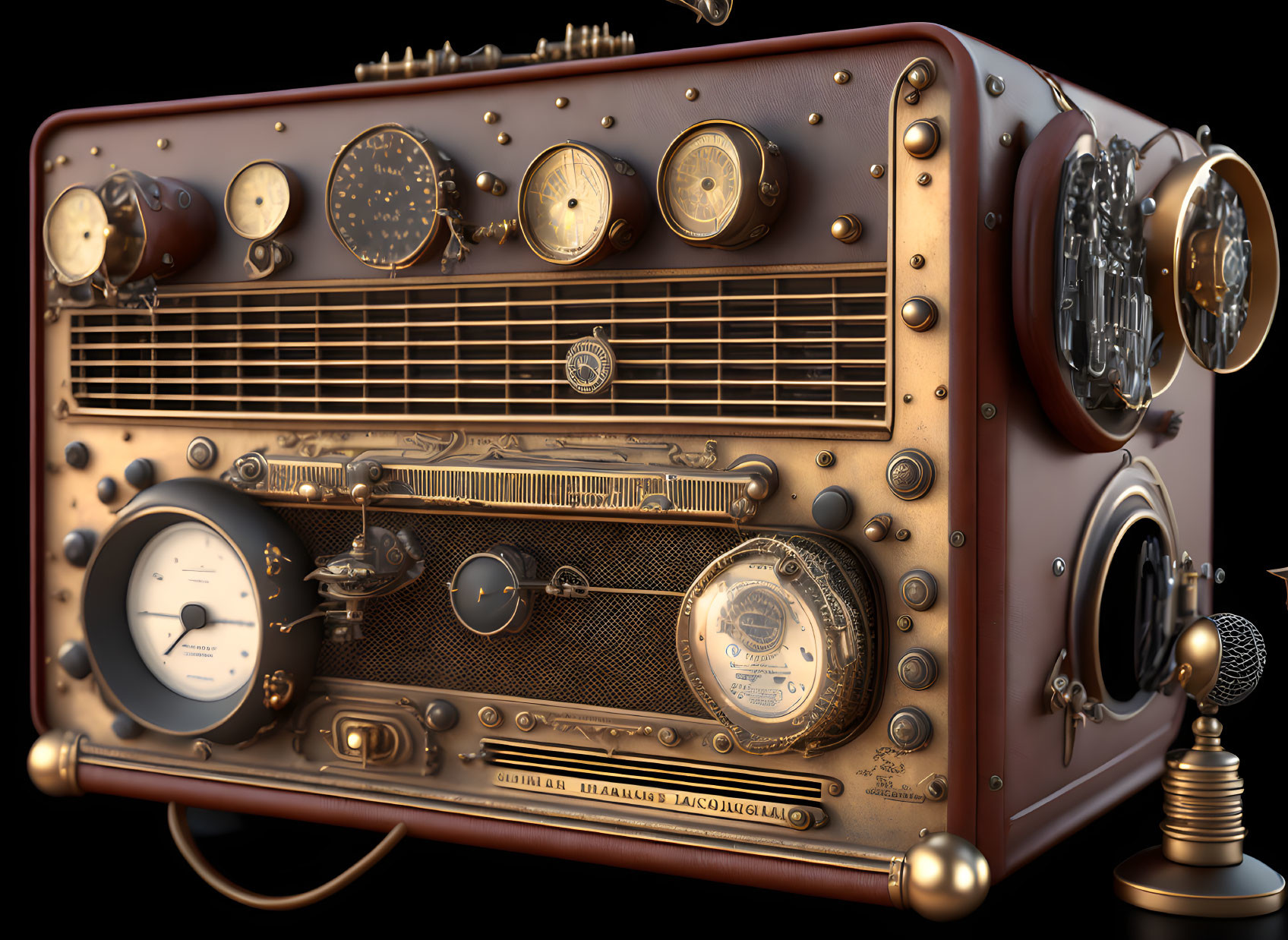 Steampunk-inspired vintage radio with dials and gauges