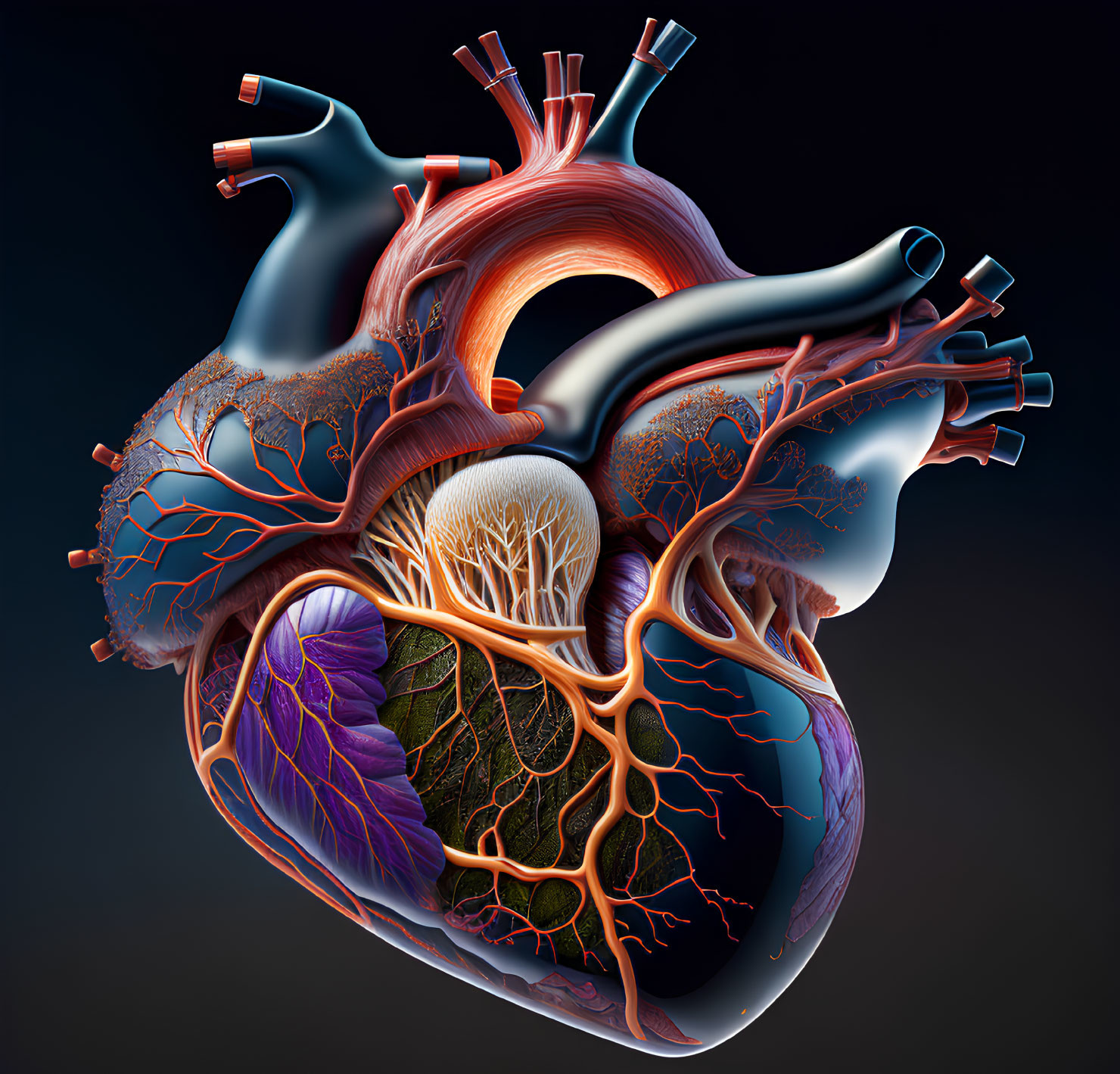 Detailed 3D Human Heart Illustration with Chambers, Arteries, Veins, and V