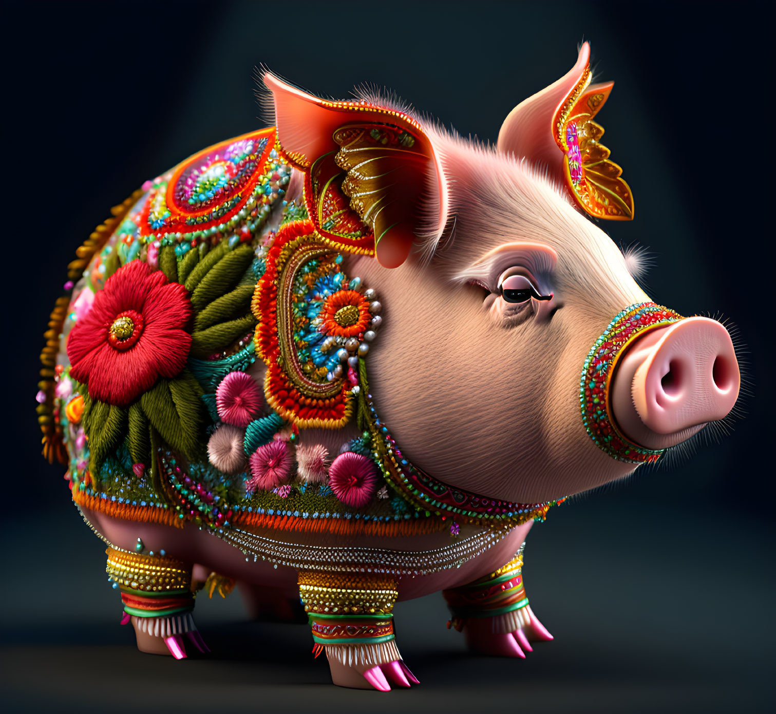 Colorful Floral Patterned Pig Artwork on Dark Background