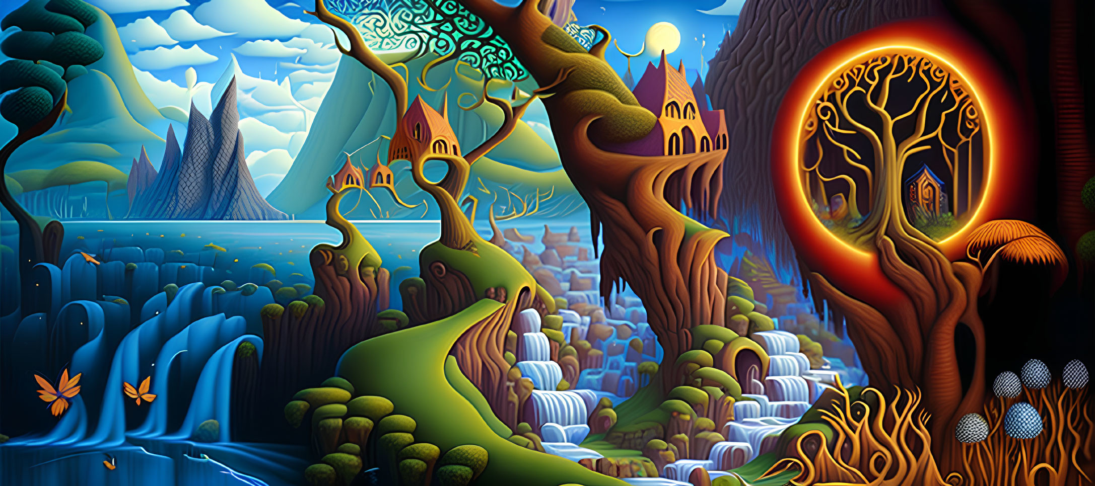 Fantastical landscape with whimsical trees, rivers, mountains, castles, and butterfly