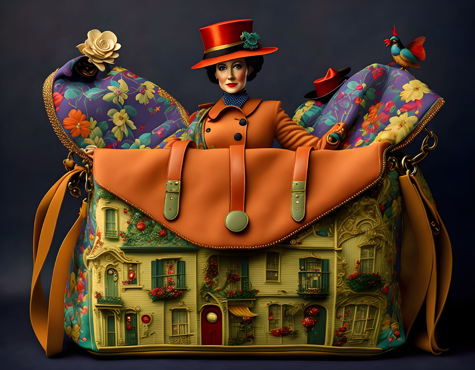 Colorful illustration of woman in floral hat inside oversized handbag shaped like house with bird.