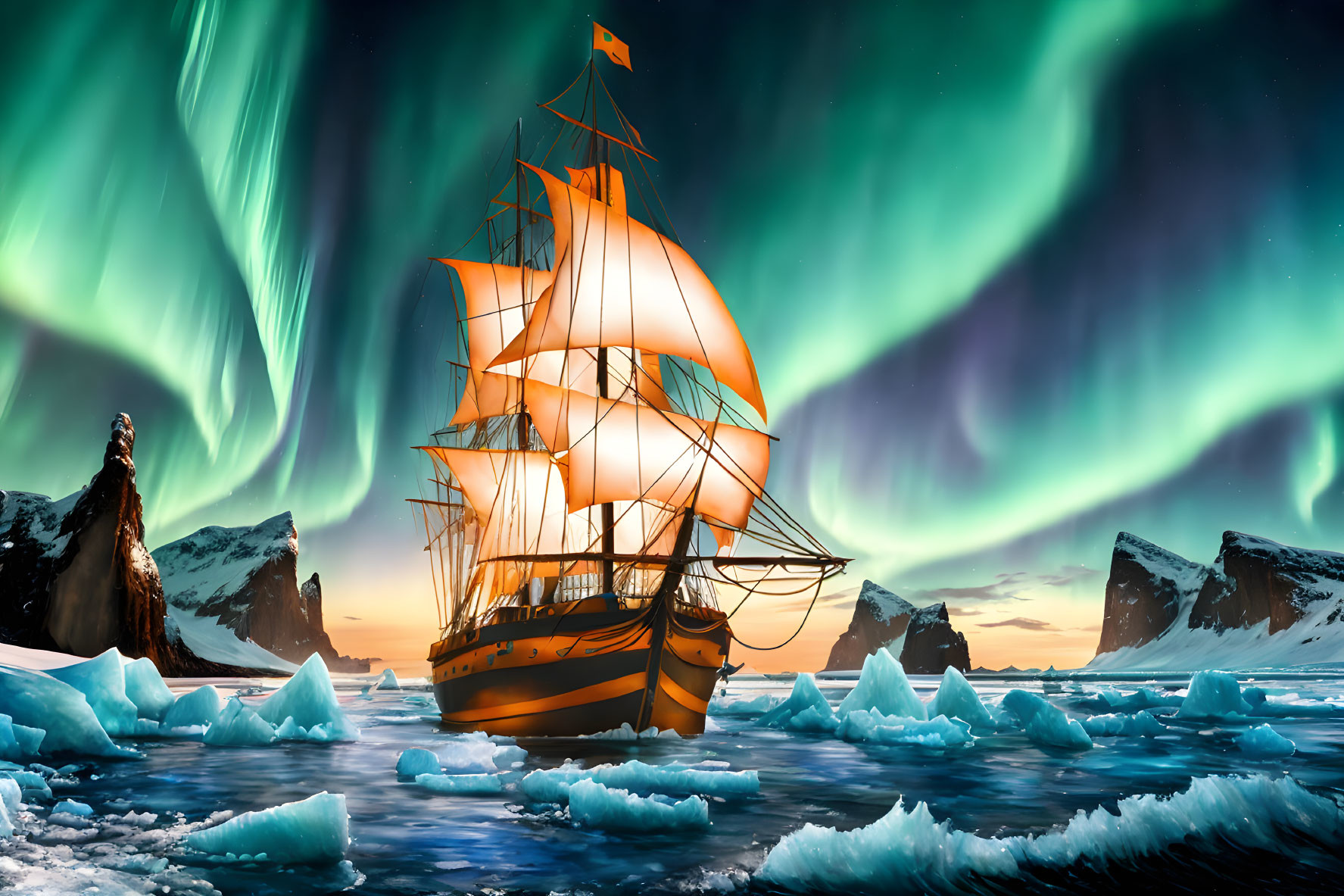 Sailing ship under aurora borealis in polar landscape