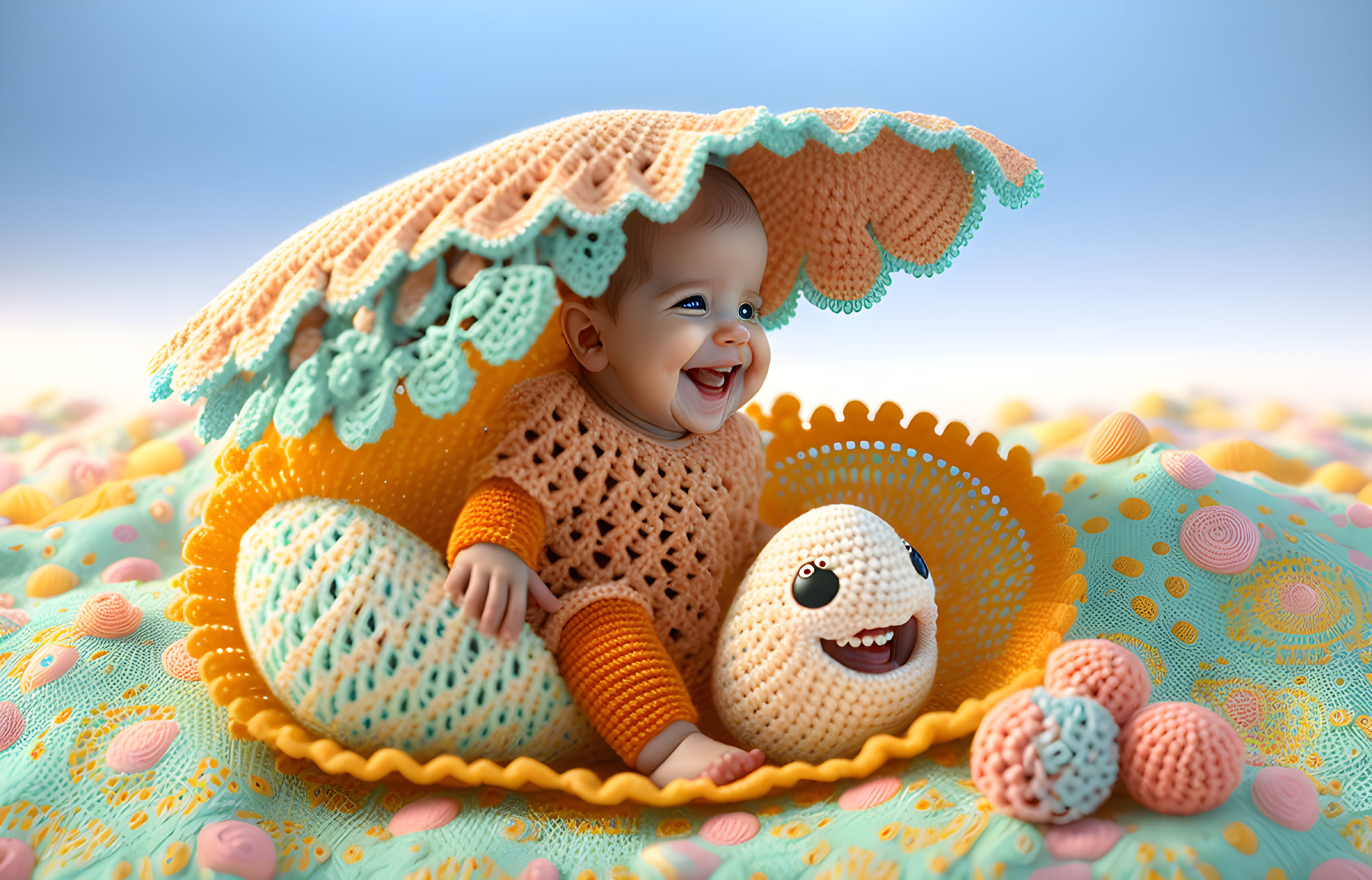 Cute baby in orange jumper with crochet hat and plush toy on pastel blanket