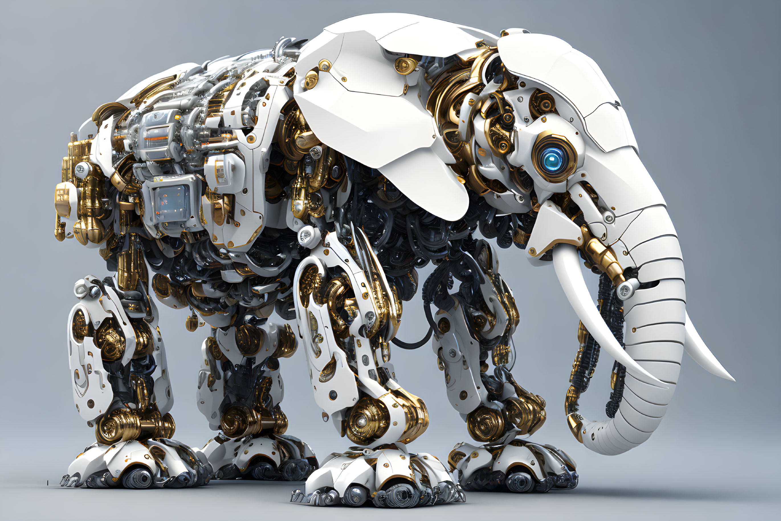 Detailed Mechanical Elephant with Gold & White Armor Plating and Blue Eye