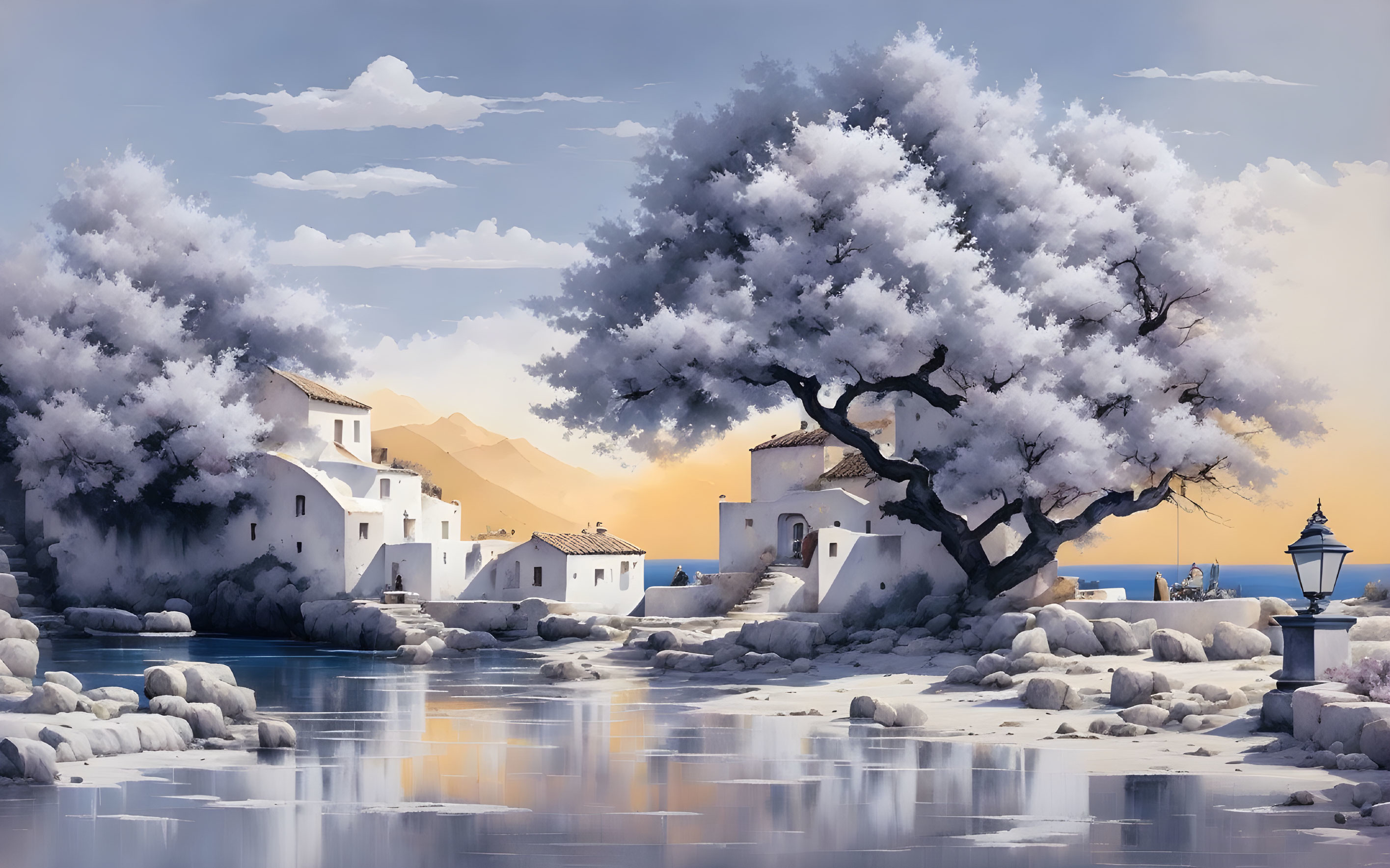 Tranquil landscape with white buildings, terracotta roofs, river, blossoming trees, and