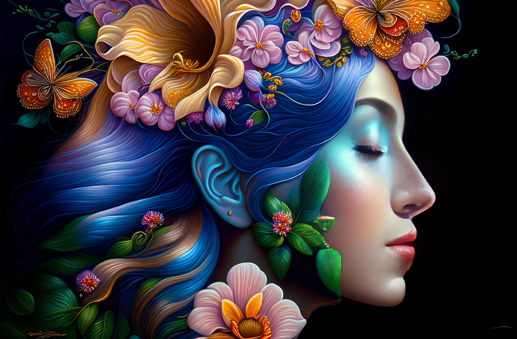 Vibrant Blue Hair Woman Profile with Flowers and Butterflies on Dark Background