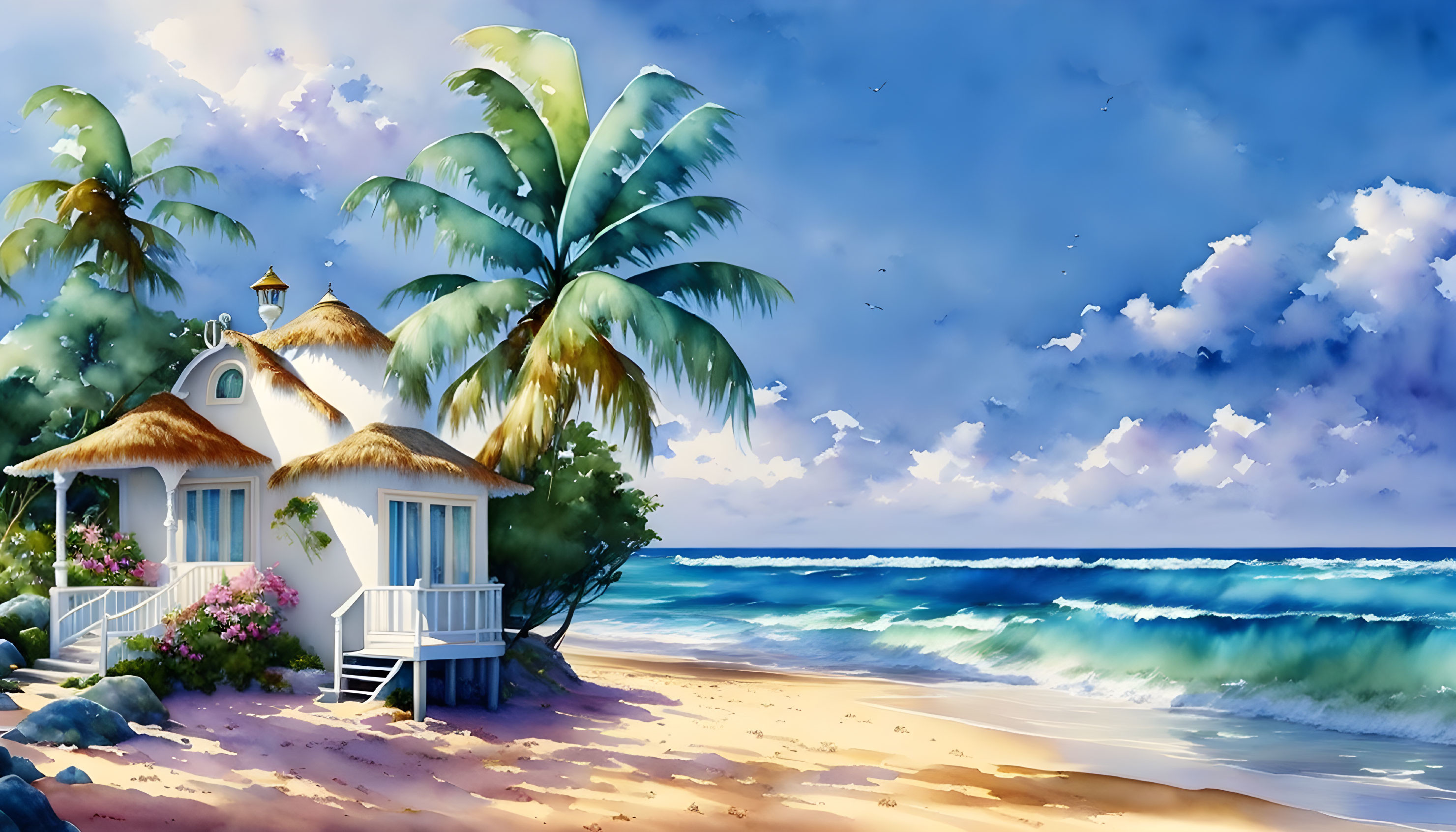 Coastal hut surrounded by palm trees on sandy beach