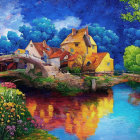 Whimsical fairytale village illustration with river, bridge, and twilight sky