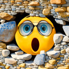 Person climbing surreal maze-like structure with shocked emoji face