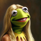 Whimsical frog puppet character with blonde hair and floral decorations on green dress.