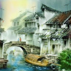 Tranquil canal in old village with boats and arched bridges