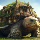 Giant turtle with house on shell in sunlit forest