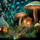 Whimsical nighttime forest with mushroom houses & starry sky