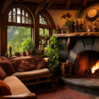 Rustic interior with stone fireplace, plush sofa, wooden beams, and forest view