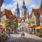 Medieval village scene with timbered houses, cobblestone street, market stalls, townsfolk,