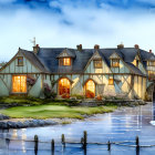 Illuminated Villa with Gables in Manicured Garden at Dusk