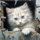 Fluffy orange and white cat with blue eyes and sleeping mouse in broken wall.