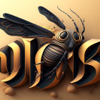 Detailed Digital Illustration of Metallic Gold and Black Striped Bee