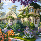 Lush garden with vibrant flowers and fairytale mansion