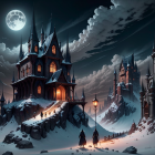 Snow-covered fantasy houses and moonlit sky in magical winter night scene