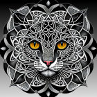 Symmetrical Cat Face Illustration with Cosmic Motifs