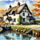 Thatched Cottage Surrounded by Autumn Trees and Pond