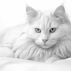 Fluffy white cat with blue eyes on soft white surface