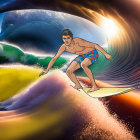 Colorful Surfing Man Illustration with Dynamic Wave and Sunset Palette