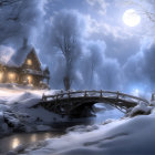 Snow-covered thatched cottages at twilight with wooden bridge, ducks, purple flora, and wintry