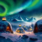 Winter cabins under aurora borealis in mountain setting