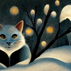 Two cats in snowy night landscape with glowing orbs and bare trees