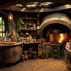 Rustic kitchen interior with stone walls, fireplace, wooden beams