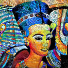 Stylized women in regal Egyptian headdresses and jewelry, gold and blue colors.
