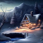 Snowy forest twilight scene: cozy cabin, illuminated windows, frozen stream.