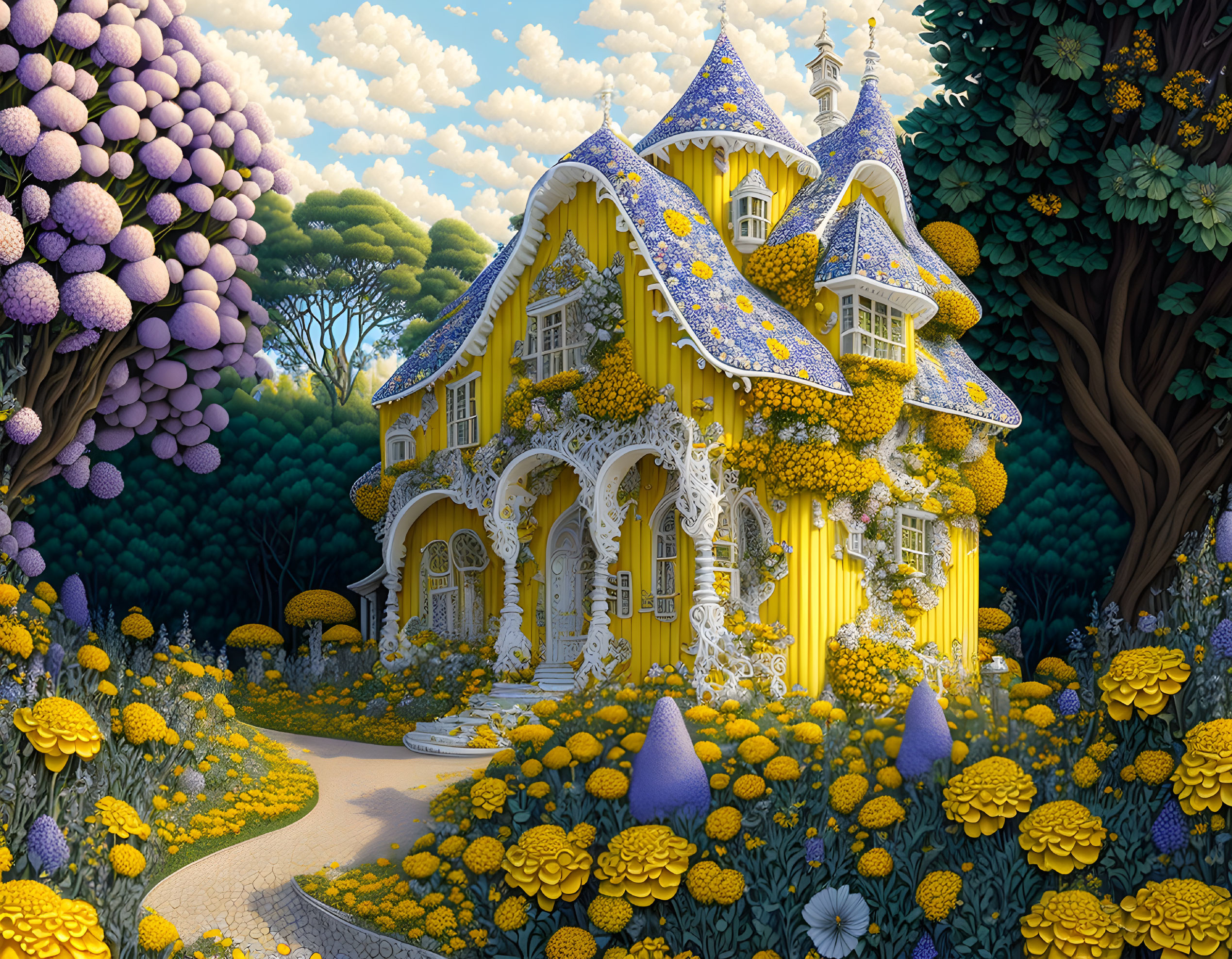 Yellow Cottage Surrounded by Purple and Yellow Flowers