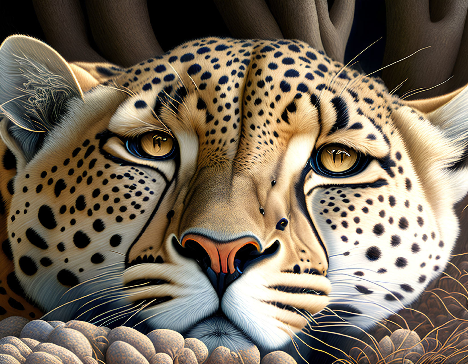 Detailed Digital Art: Close-Up Jaguar Face with Golden Eyes & Spotted Fur